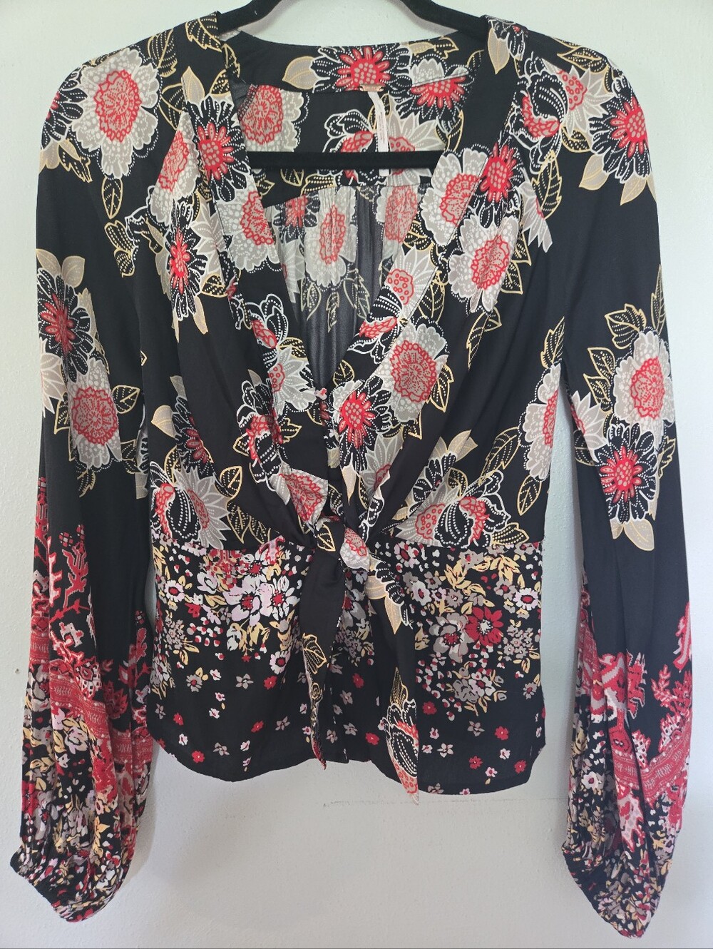 Free People Long Sleeve Front Tie Blouse Black Floral XS